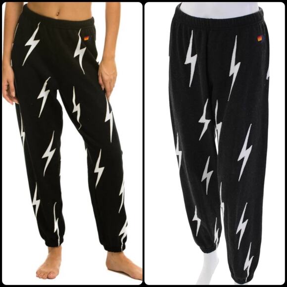 Aviator Nation Repeat Lightning Bolt Sweatpants Black White Graphic Joggers Med - Picture 1 of 14